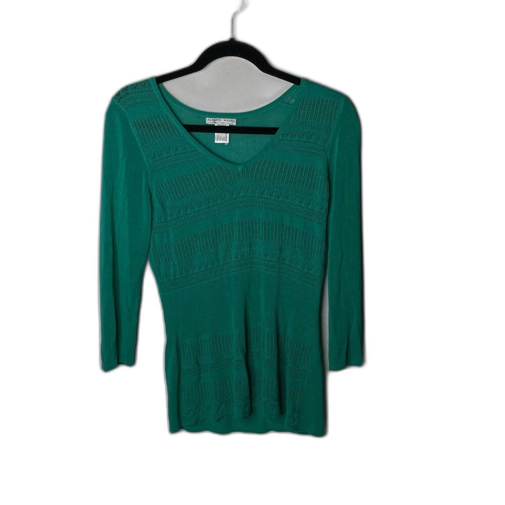 Alberto Makali womens teal pointelle knit V-neck peplum sweater top size medium